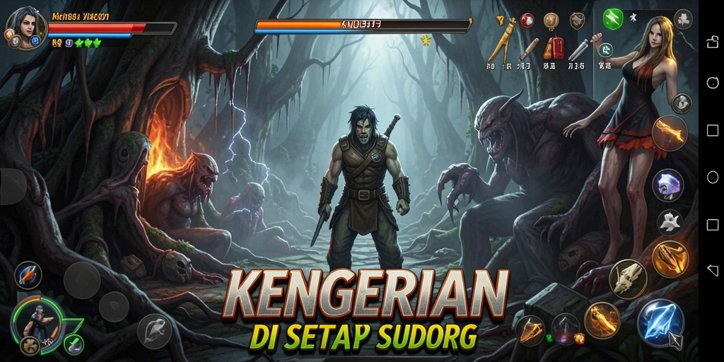 Tampilan gameplay KNO89 yang mencekam di lingkungan angker.
