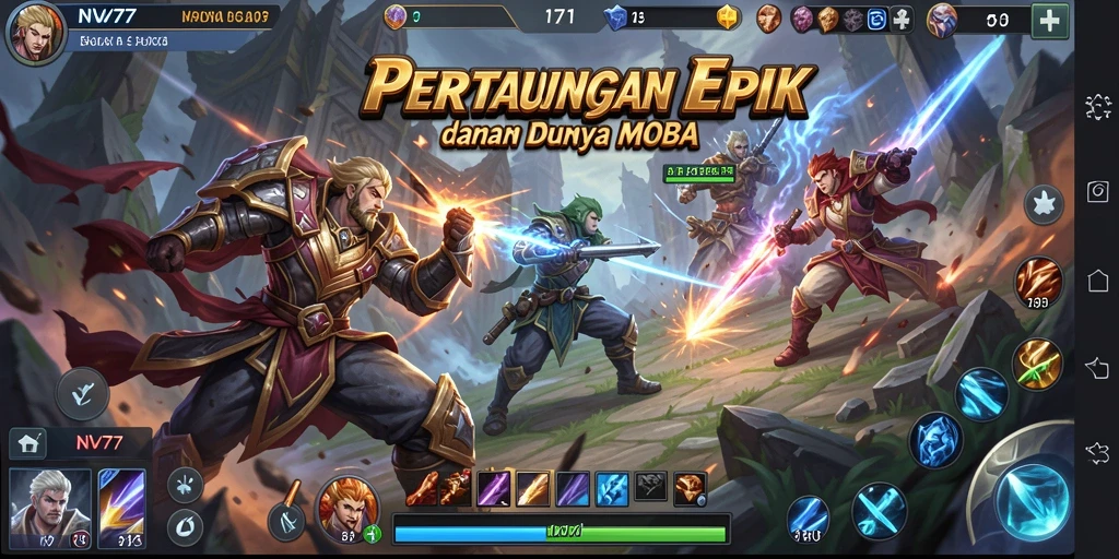 Tampilan gameplay NV77 yang memukau di arena pertempuran MOBA.