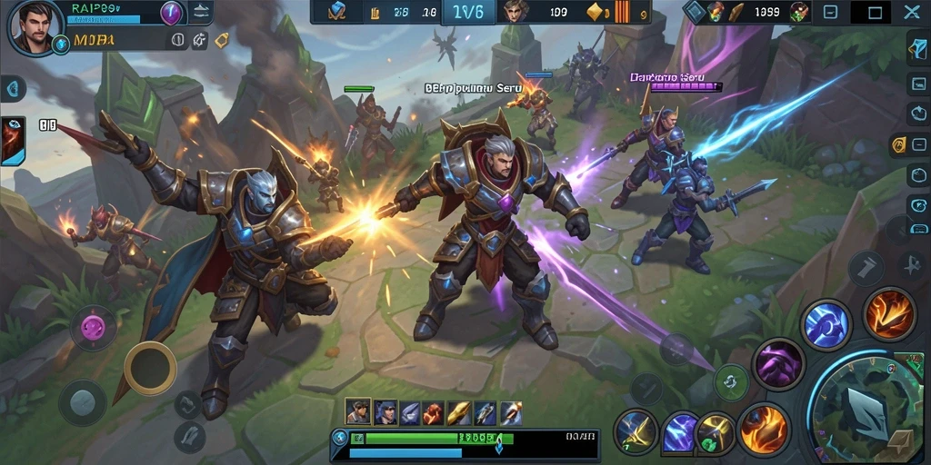 Screenshot RAP89 menampilkan pertempuran tim yang mendebarkan dalam game MOBA.